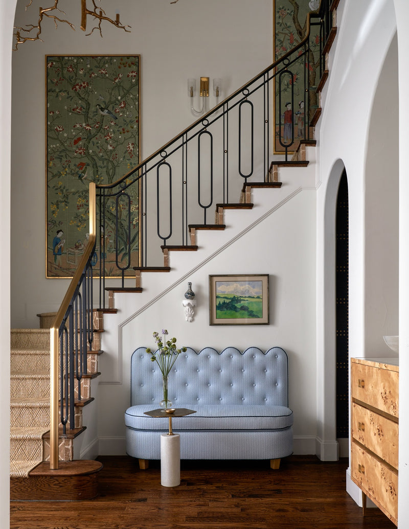 Stairwell with blue banquette