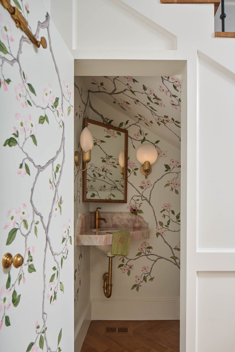 Photo of painted wallcovering with branches and flowers in walkway