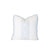 White pillow with blue stripe down the middle with a white ornate pattern and blue piping